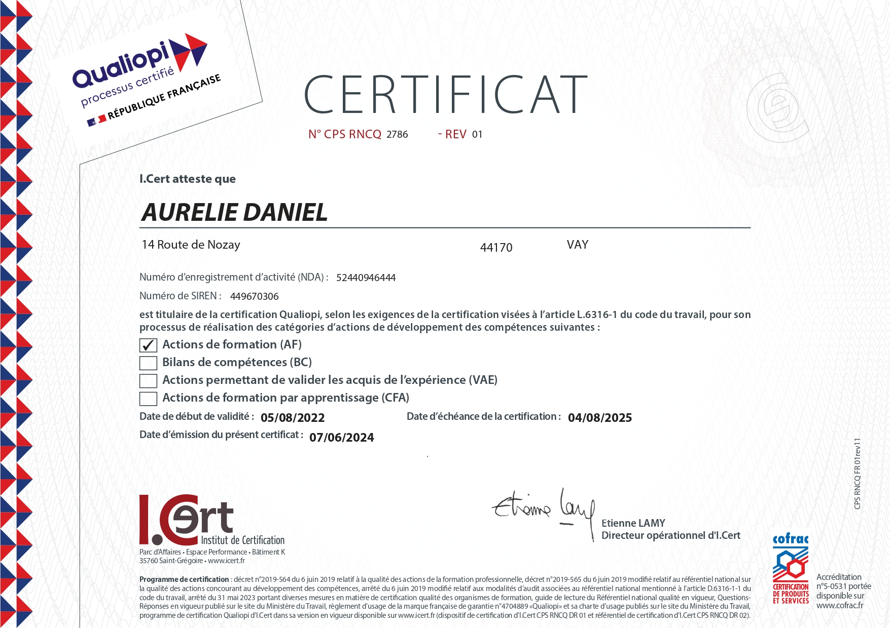 Certificat Qualiopi Aurélie DANIEL